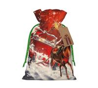 Santa Claus Printed Christmas Drawstring Bags for Xmas Gift Wrapping, Green Christmas Ribbon, S