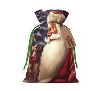Santa Claus Printed Christmas Drawstring Bags Reusable Xmas Bag for Party Xmas Gift Wrapping, Green Ribbon, S
