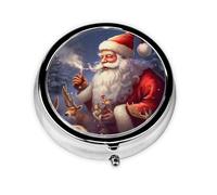 Santa Claus Printed Round Pill Organizer with 3 Compartments, Portable Mini Pill Box Pill Case for Medicine, Vitamin, Fish Oil, Supplements