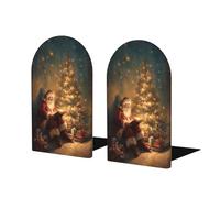 Santa Claus Reading By The Christmas Tree Bookends For Shelves 2 Pcs Wooden Book Stopper Organizer For Home Office Libraries