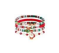 Santa Claus Red Heart Love Charm Stretch Friendship Bracelets Cute Gold Plated Heishi Clay Green Red White Beaded Layering Stackable Bangle Fashion Jewelry, 4 Pack Bracelets