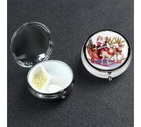 Santa Claus Reindeer Sled Pill Box 3 Compartment Round Portable Pill Case for Pocket or Purse Pill Holder Weekly Pill Organizer Decorative Metal Medicine Vitamin Organizer Travel Gift