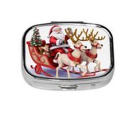 Santa Claus Reindeer Sled Pill Case 2 Compartment Pill Box Portable Metal Pill Organizer Cute Travel Pill Container Vitamin Organizer for Purse Pocket Travel Gift