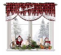 Santa Claus Reindeer Tie Up Window Valances for Kitchen Winter Christmas Tree Short Topper for Small Windows Vintage Black & Red Plaid Rod Pocket Curtain Valances for Bedroom Living Room 54" x 18"