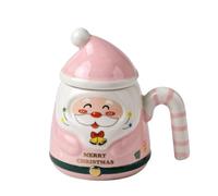 Santa Claus Shaped Ceramic Mug with Santa Hat Lid & Tree Spoon, 400ml Cute Cartoon Coffee Tea Cup Novelty Gift Set in Gift Box for Women, Kids, Friends - Pink