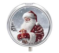 Santa Claus Snow Secenry Pill Box, 3 Compartment Small Pill Case, Metal Round Portable Storage Box Stores Vitamins, Medicines, Fish Oil and Supplements