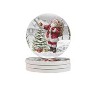 Santa Claus Snow Secenry Print Round Diatomite Coasters (Multipack), Fast-Drying, Drink Coasters For Multipurpose Use