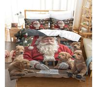Santa Claus with Puppies 3 Piece Easy Care Polyester Christmas Festive Scene Kids Bedding Set, 2 Pillow Case, Invisible Zip, Adults, Everyday Home Use Baby Safe Non Toxic Soft King（220x240cm）