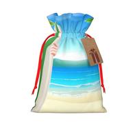 Santa Claus with The Beach and Surfboard Printed Christmas Drawstring Bags with Red Ribbon - Reusable Burlap Drawstring Gift Pouches, S