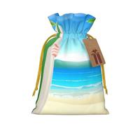 Santa Claus with The Beach and Surfboard Printed Christmas Drawstring Bags with Yellow Christmas Ribbon - Reusable Burlap Drawstring Gift Pouches, M
