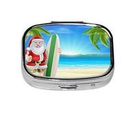 (Santa Claus with The Beach and Surfboard) Square Pill Box with 2 Compartment Small Pill Organizer Portable Pill Case Vitamin Containers, Travel Essentials 5.5x4x1.8 cm