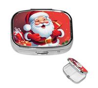 Santa Claus Xmas Gifts Pill Box with Mirror 2 Compartment Decorative Pill Case for Purse or Pocket Small Square Pill Organizer Weekly Metal Medicine Tablet Vitamin Holder Travel Gift