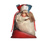 Santa Clause Printed Christmas Drawstring Bags,M | Reusable Xmas Gift Storage Bags, Red Christmas Ribbon
