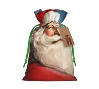 Santa Clause Printed Christmas Drawstring Bags,S | Reusable Xmas Gift Storage Bags, Green Christmas Ribbon