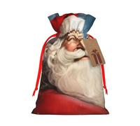 Santa Clause Printed Christmas Drawstring Bags,S | Reusable Xmas Gift Storage Bags, Red Ribbon
