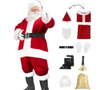 Santa Costume 11pcs For Men Adult Suit Father Christmas Fancy Dress Outfit Plus Size Large With Beard And Wig Set Boots Cape Clothes Props Festive Cosplay Mascot Art The Clown Red Dressing (Red, S)