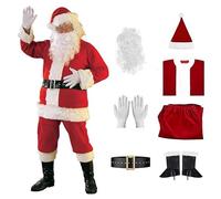 Santa Costume Adult, 7PCS Father Christmas Outfit including Beard, Hat, Belt& Gloves, Velvet Santa Suit for Men, Fancy Santa Outfit Santa Claus Costume for Christmas Dress up & Holiday Party (2XL)