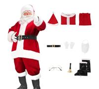 Santa Costume Adult 9 Piece Christmas Outfit Party Santa Sack Hat Sets | Robe, Hat, Belt, Boot Covers, Beard, Complete Kit, Holiday Events, Stage Performance, Adult Wear, Fit