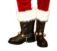 Santa Costume Boots with Faux Fur Cuffs and Decorative Buckle Details | Black PU-look footwear with red leg covering, low-profile sole and Santa styling for Christmas costume events