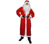 SANTA COSTUME FATHER CHRISTMAS LONG COAT SANTA CLAUS FANCY DRESS COSTUME - RED HOODED JACKET + WHITE BEARD + WHITE WIG + BLACK BELT (ONE SIZE UPTO 48 INCH CHEST)