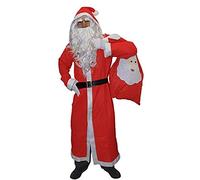 SANTA COSTUME FATHER CHRISTMAS LONG COAT SANTA CLAUS FANCY DRESS COSTUME - RED HOODED JACKET + WHITE BEARD + WHITE WIG + SANTA SACK + GLOVES + BLACK BELT (ONE SIZE UPTO 48 INCH CHEST)