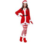 Santa Costume Women - Polyester 7 Pcs S-XXXL | FunnyCosplay Outfit Belt Hat Gloves Kit With Boots, Striped Stockings, Velvet Dress, Gold Bell Necklace | Santa Theme Mrs Claus Outfit With Belt
