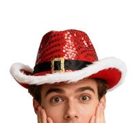 Santa Cowboy Hat - Dress Up Accessory With Sequins, Frayed Red Western Holiday Cowboy Hat | Santa Hats For Women, Men, Holiday, Party, Gathering, Celebration, Outdoor, Sports, Event