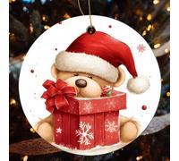 Santa Hat Gift and Merry Christmas Christmas Tree Ornaments Round Xmas Hanging Ceramic Pendants Winter Holiday Hanging Ornament with String, Xmas Gift Keepsake for Women & Men 2.8inch
