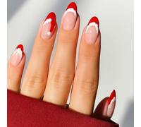 Santa Hat Gradient Almond Press-On Nails for Festive Celebrations - Reusable Artificial Nail Tips with Nude-Pink Base & White Pom Pom Detail, Multiple Sizes Kit for Women Manicure