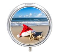 Santa Hat on The Beach and Starfish Pill Box Cute Round Pill Case Portable Medicine Tablet Vitamin Holder Organizer for Purse Pocket