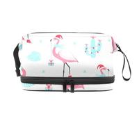 Santa Hat Skating Flamingoes with Cactus Tropical Leaves Double Layer Cosmetic Bag for Women and Girls, Travel Toiletry Bag Makeup Handy Pouch Organiser Bag with Brush Compartment