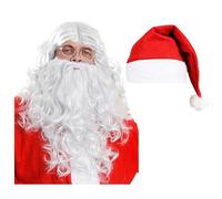 Santa Hat with Wig & Beard Christmas Accessory Set - Red Felt Santa Hat with White Trim, Long White Wig & Beard Set - Adults Xmas Fancy Dress Accessory Set