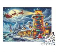 Santa Lighthouse 1000 Pieces Jigsaw Puzzle Snow Covered Cottage Challenging Difficult Recycled Cardboard for Advanced Puzzlers 70x50cm/1000pcs