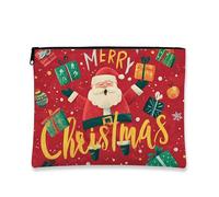 Santa Makeup Bag, Merry Christmas Cosmetic Travel Pouch for Women, Portable Small Canvas Zipper Organizer, Holiday Toiletry Bag, Red, 7x9 Inch, Santa