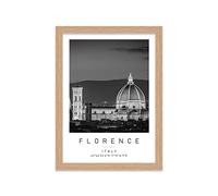 Santa Maria Del Fiore Travel Print Florence Wall art Black and white Poster A4 Print in Oak Effect frame 24.5 X 33cm (9.6x13inch)