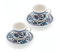 SANTA MARLA Turkish Coffee Cup Set of 2 with Saucers & Holder - Ceramic, Dishwasher-Safe, Keeps Warm - Patterned Turkish Espresso Cups Set for Home & Office (Standart, 2, Count)