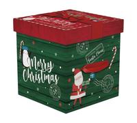 Santa Merry Christmas Gift Box with Lid 27.5 x 28 cm, Red & Green Merry Christmas Design, Decorative Square Xmas Gift Box with Ribbon Bow for Gifts, Treats, Hampers and Festive Packaging