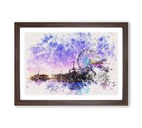 Santa Monica Pier Fairground Watercolour Framed Print | A2 Walnut Framed Wall Art | Ready to Hang | Modern Historical Picture | Living Room Bedroom Lounge Office