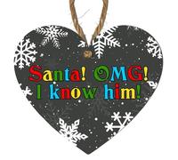 "Santa! OMG! I Know Him!" Wooden Hanging Plaque - Humorous Christmas Decoration with Colourful Festive Text and Snowflake Design for Fun Holiday Home Décor (Small: 10 cm (H) × 9 cm (W))