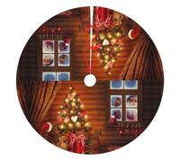 Santa Outside The Window Thick Christmas Tree Skirt With Flannel Backing,Polyester Water-Resistant Full Print Holiday Tree Collar For Christmas,Halloween,New Year Decorations
