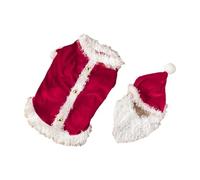 Santa Pet Costume Set, Red Cape with White Trim and Beard Hat | The pictured costume pairs a red cape edged in white with a matching Santa hat and a fluffy white beard-style detail