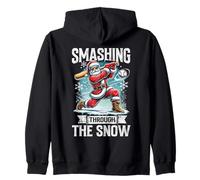 Santa Playing Baseball Smashing through the snow Christmas Zip Hoodie