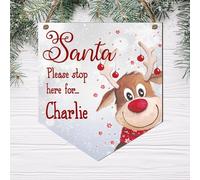 Santa Please Stop Here' Hanging Plaque - Delightful Blue Santa Design, Custom Name Included - Handcrafted Wooden Christmas Decoration (Grey Reindeer Design)