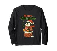 Santa Pooping Down Chimney Shirt Funny Naughty Xmas Penguin Long Sleeve T-Shirt