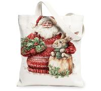 Santa Rabbit Canvas Tote Bags, Holiday Animal Pattern Eco-Friendly Shopping Bags, Vintage Festive Lightweight Washable Shoulder Strap Canvas for Daily Use 13x15 Inch