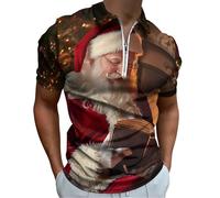 Santa Reading Book Men's Short Sleeve Polo Shirts Casual Zippered Golf Shirt Slim Fit T-Shirt Tops 6XL