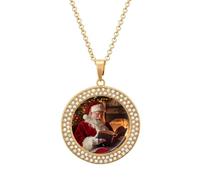 Santa Reading Book Women's Custom Pendant Necklace Round Diamond Necklaces Jewelry Gifts for Men Birthday