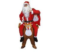 SANTA RIDING A REINDEER COSTUME FATHER CHRISTMAS RUDOLF THE RED NOSE REINDEER PICK ME UP NOVELTY FANCY DRESS + JUMBO SANTA SACK WITH HAPPY SANTA FACE ON THE SIDE