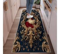 Santa Runner Rug, Christmas Classic Floral Ornate Xmas Navy Low Pile Edge Binding Home Rectangle Carpet for Kitchen Laundry Room Doorway Entryway Decor 2x6 Ft