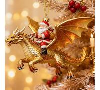 Santa’s Dragon Riders Christmas Ornament, St Nick Riding Acrylic Hanging Festive Decoration for Xmas Tree，Golden Dawn Dragon